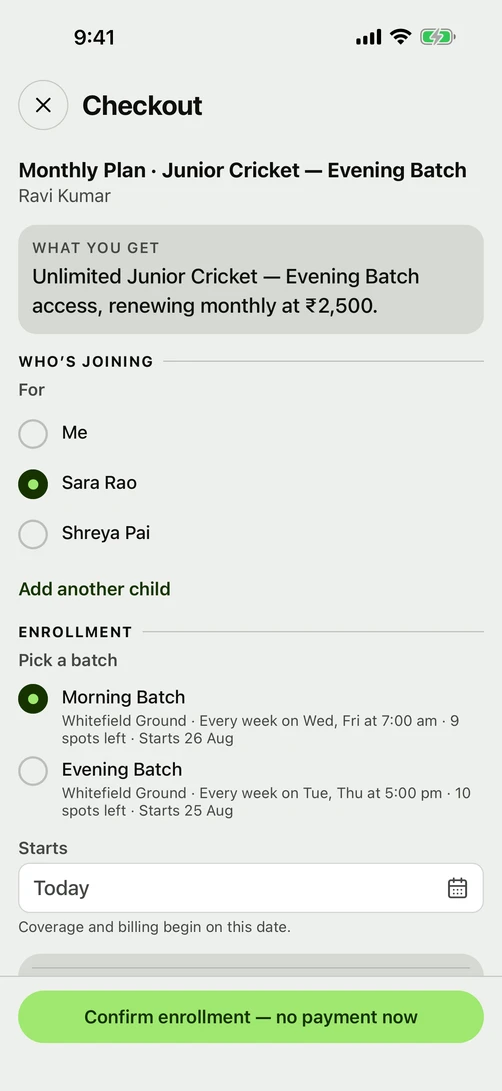 Confirming a plan: who is joining, which batch, and the button that says no payment now