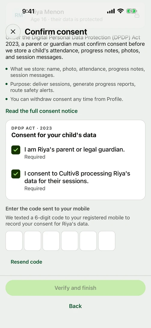 The same step after the parent asks for the code: six boxes for the six-digit code texted to the parent's own registered mobile to record the consent.