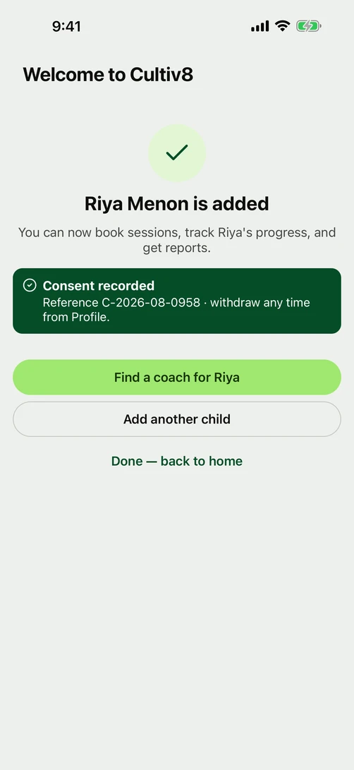The child is added, above a banner reading Consent recorded and the reference the agreement is filed under.