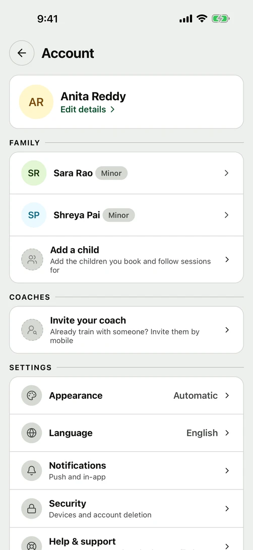 The Account screen: the Family section with two family members, and the settings below