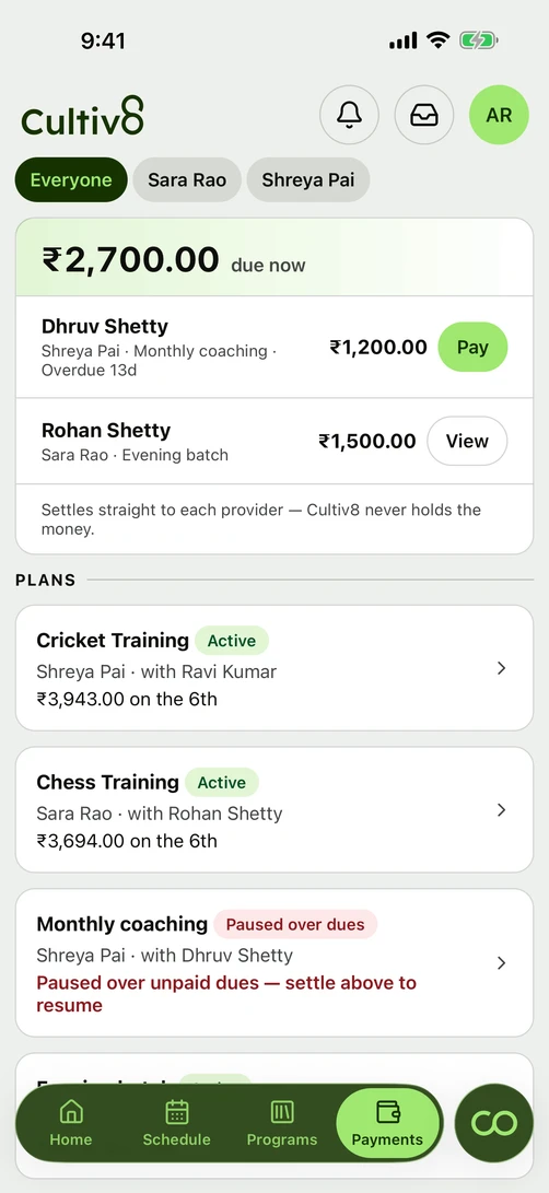 The Payments tab: the amount due now, one row per coach, and the plans beneath
