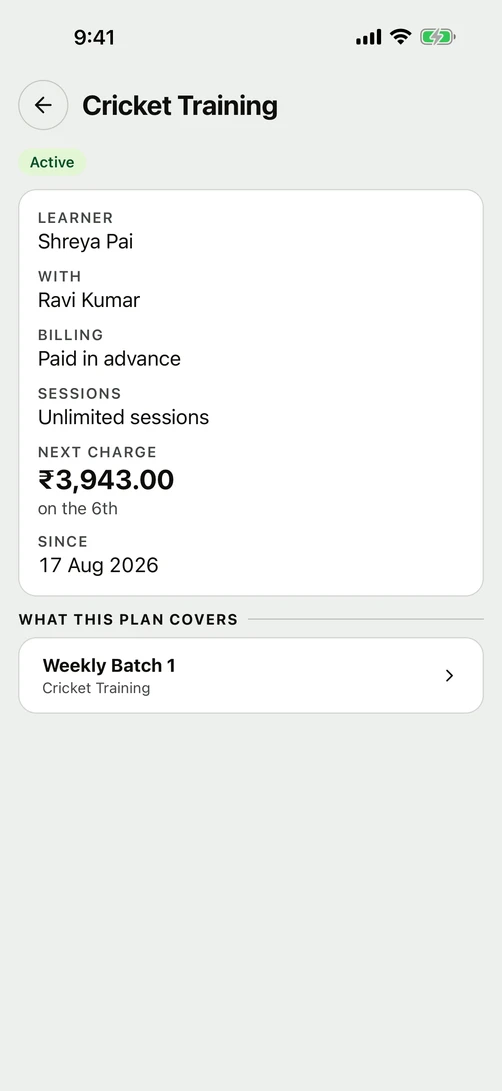 A plan as the family sees it: paid in advance, unlimited sessions, and what it covers