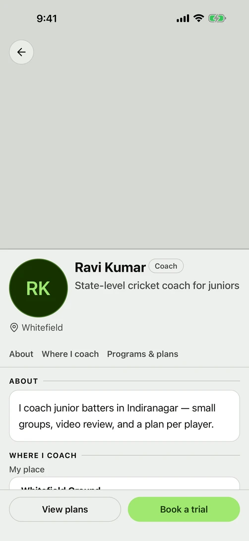 A coach's public page: who they are, where they coach, and their programs