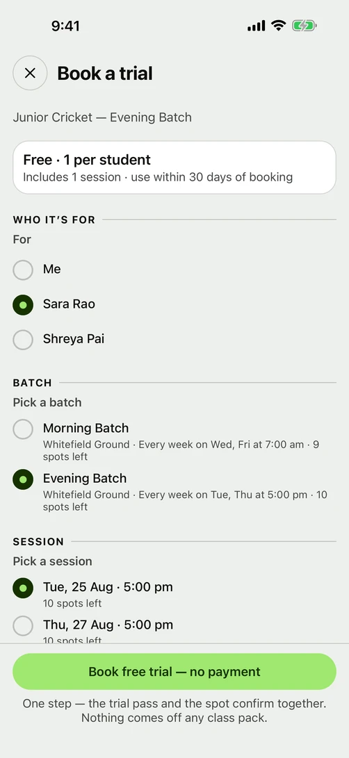 Booking a trial: pick who it is for, the batch and the session