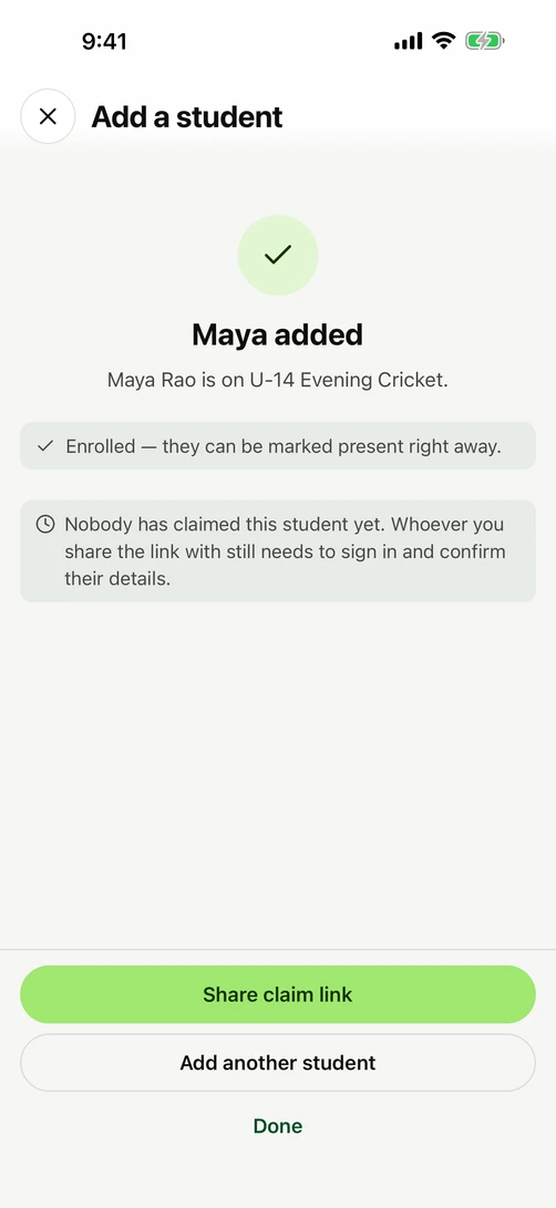 The coach's screen after adding a student: the invite link, ready to send