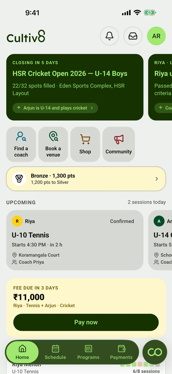 The family's dashboard: a tournament closing soon, each child's next session, and the fee due