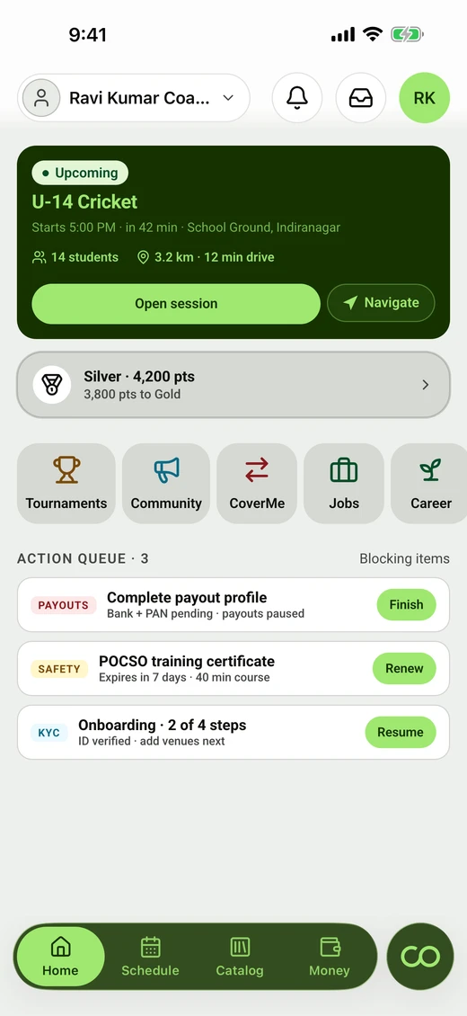 The coach's dashboard: the next session, points, and an action queue of blocking items