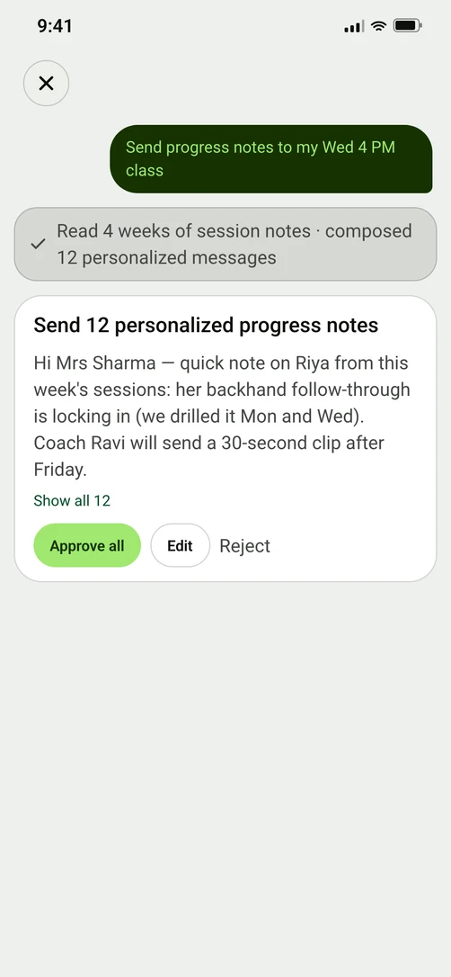 Ira in the coach's app, holding twelve progress notes it has written for one class, with Approve all, Edit and Reject beneath them.