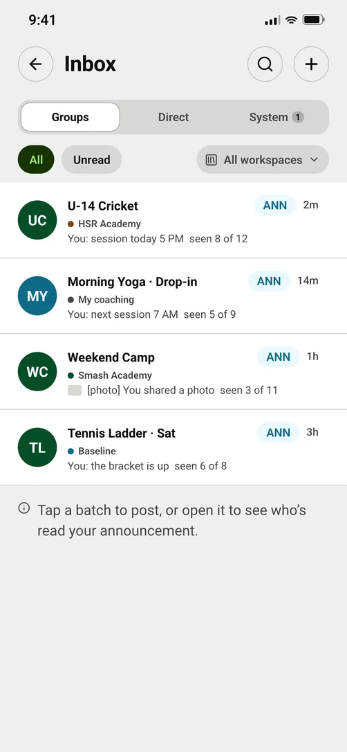 Batch groups and messages: Every batch will get its own group chat that adds and removes students as the batch changes, plus one-to-one messages. The conversation will stay in Cultiv8, so it does not leave when a coach does.