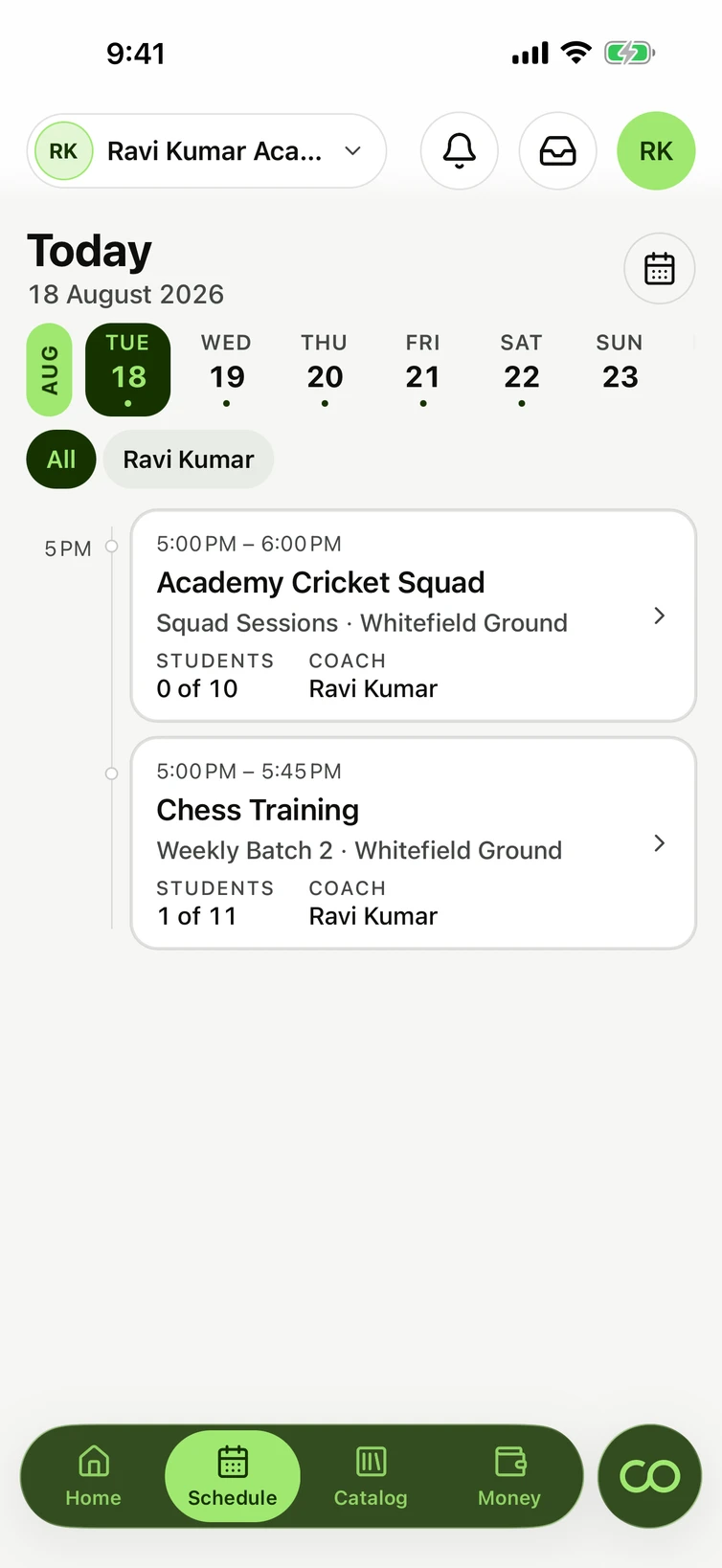 An academy's schedule with squad sessions and a per-coach filter