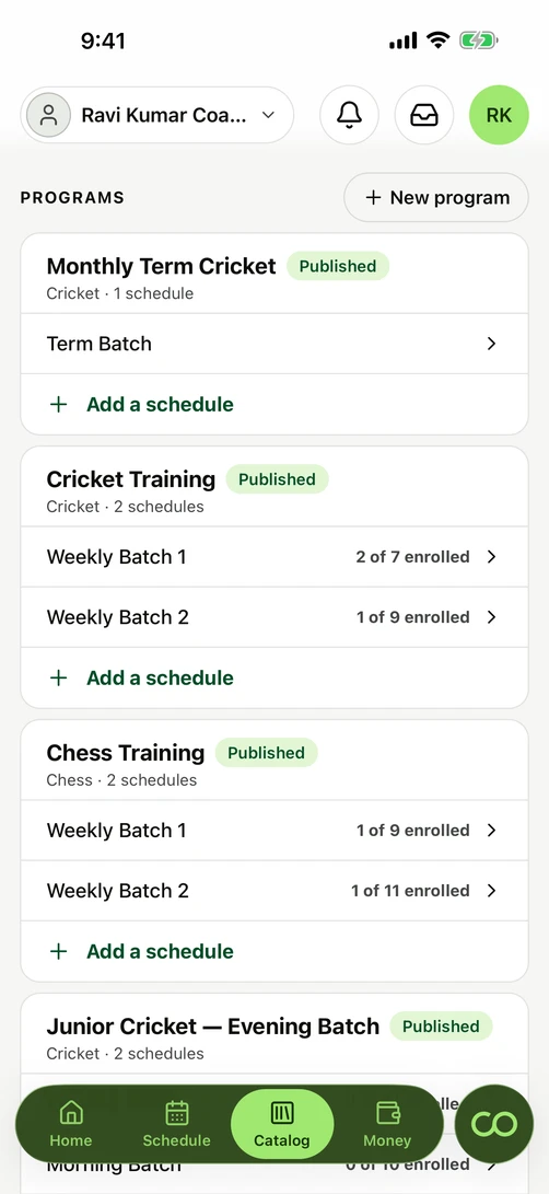 Programs, batches and slots: Set up what you teach once, then run as many batches under it as your week has room for. A batch with a single seat is called a Slot on the screen that shows one booked class; the pages a family browses before buying say batch.