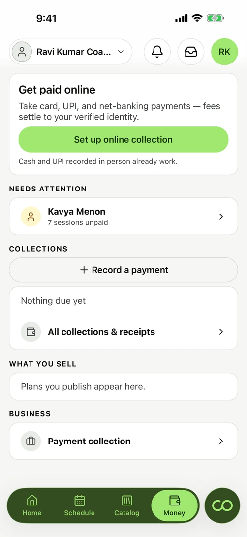 Who owes what, and reminders: Every family balance on one screen, worst first, with a ready-written reminder you send from your own WhatsApp in one tap. The one message Cultiv8 sends on its own is the payment alert when a bill goes out. Fourteen of the sixteen coaches we spoke to in Bengaluru in January 2026 called collecting fees their single biggest frustration.
