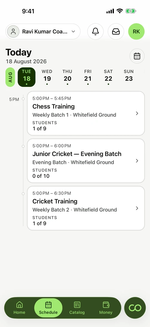 The coach's schedule for the day, with three sessions on one timeline