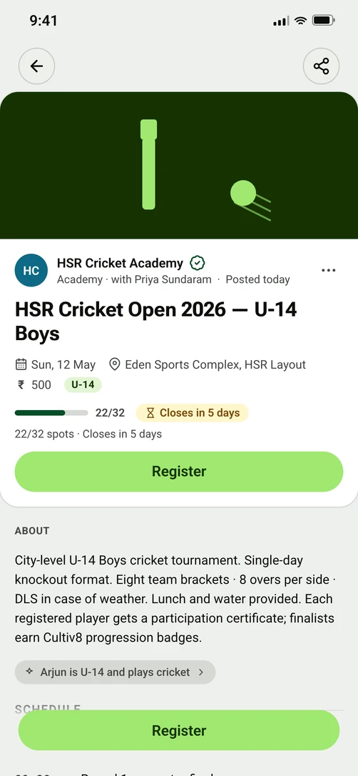 Tournaments and events: Publish a tournament, take entries, run the draw, and have every result land on the student's record on its own.